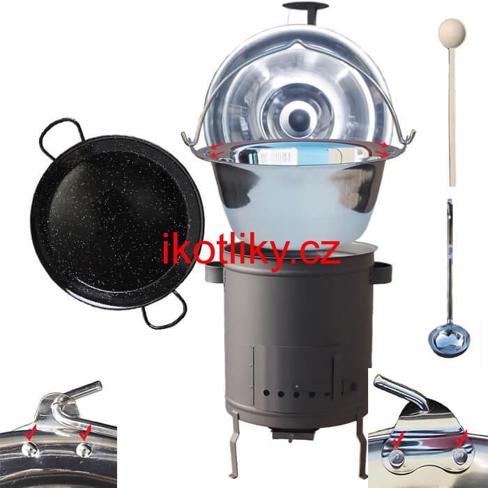 Nerezový kotlík 15 L (0,8 mm) zesílený s nýty + Paella pánev 38 cm + silnostěnná (1,5 mm) žáruvzdorná kotlina 36 PLUS 600