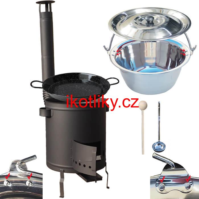 Nerezový kotlík 15 L (0,8 mm) zesílený s nýty + Paella pánev 38 cm + silnostěnná (1,5 mm) žáruvzdorná kotlina 36 PLUS 600