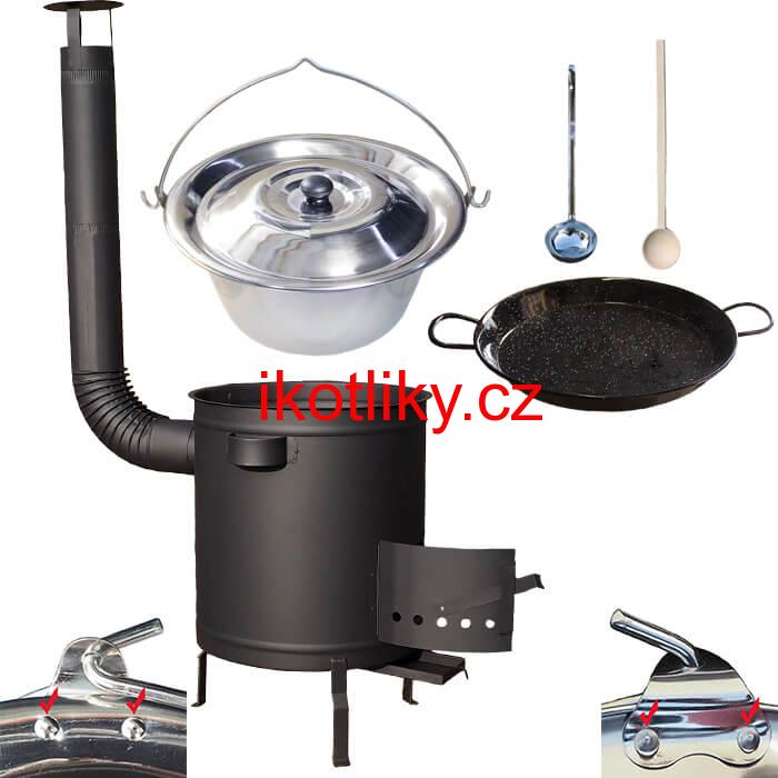 Nerezový kotlík 15 L (0,8 mm) zesílený s nýty + Paella pánev 38 cm + silnostěnná (1,5 mm) žáruvzdorná kotlina 36 PLUS 600