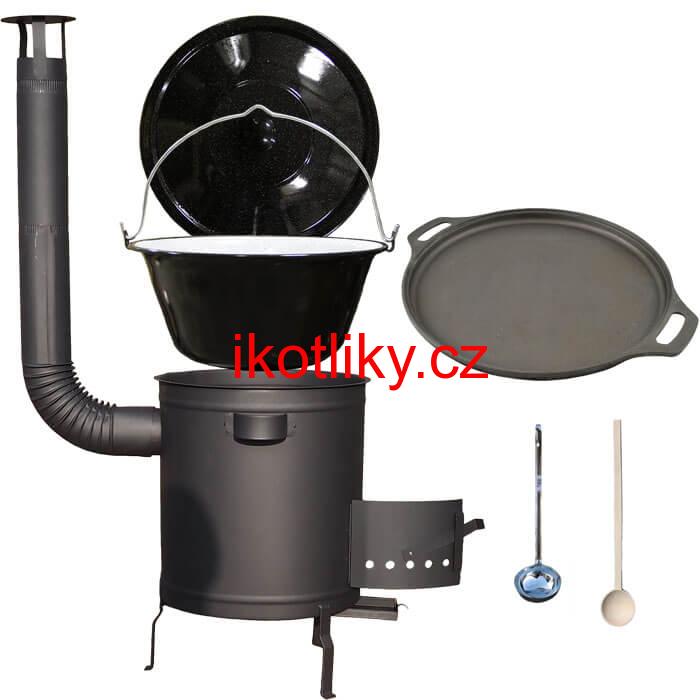 Smaltovaný kotlík 20 L (1,2 mm) + Litinová pánev 43 cm + silnostěnná (1,5 mm) a žáruvzdorná kotlina 42 PLUS 600