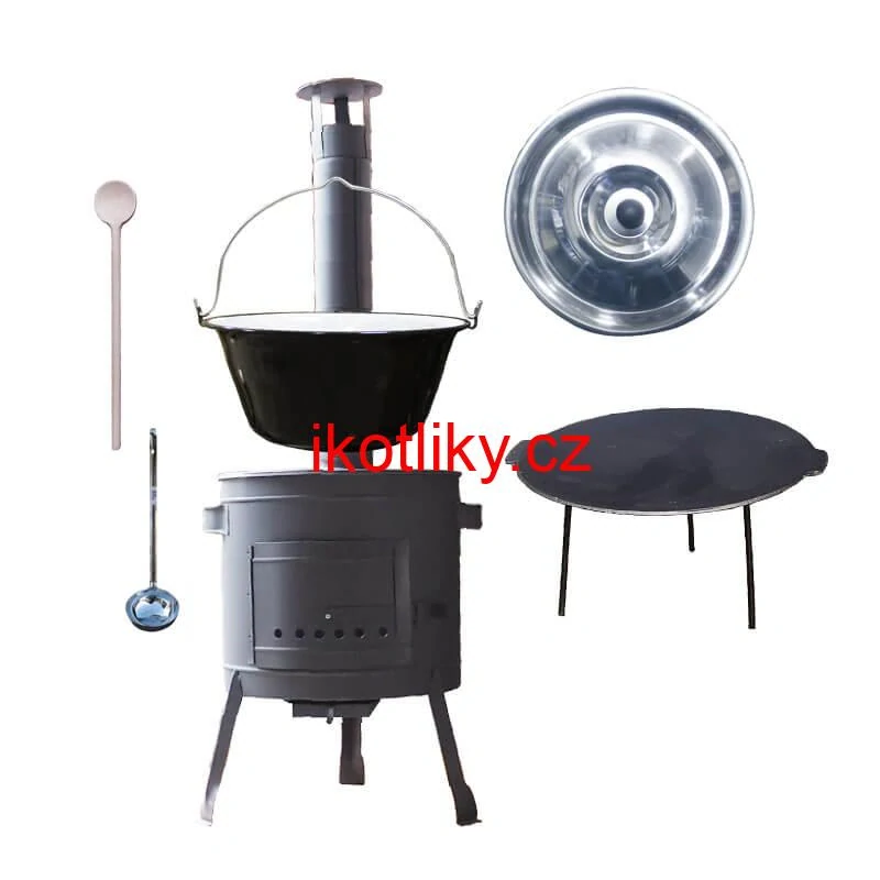 Smaltovaný kotlík 25 L + litinová pánev 45 cm + nízká žáruvzdorná kotlina 42 cm PLUS 600