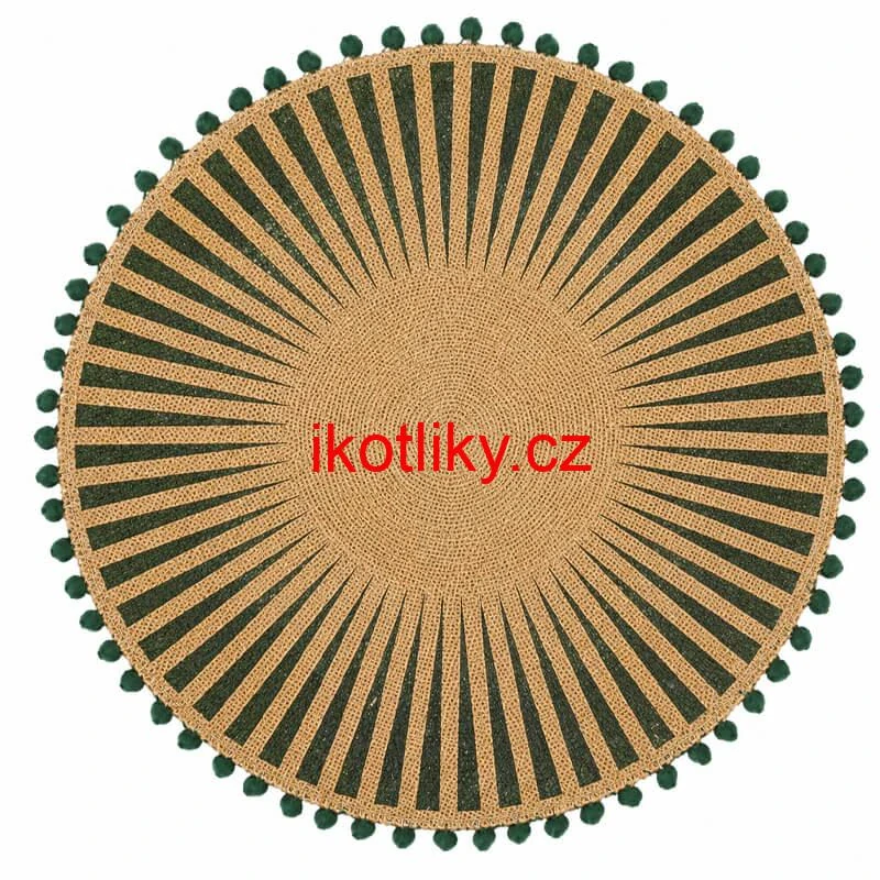 Kulatá jutová podložka pod talíř zelená s bambulkami 37 cm