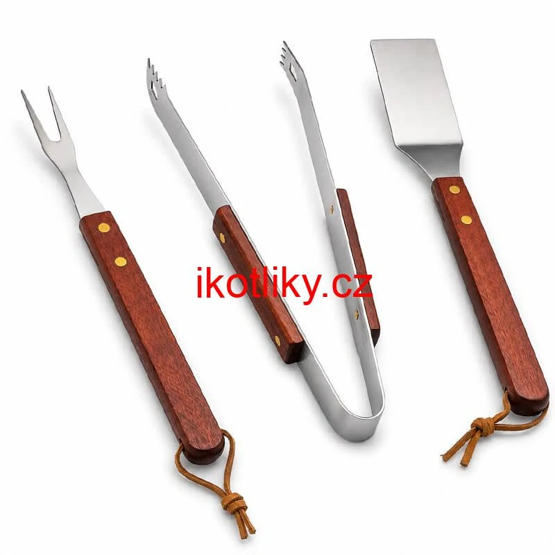 Grilovací nářadí BBQ – sada 3 ks, nerez a dřevo, 33 cm