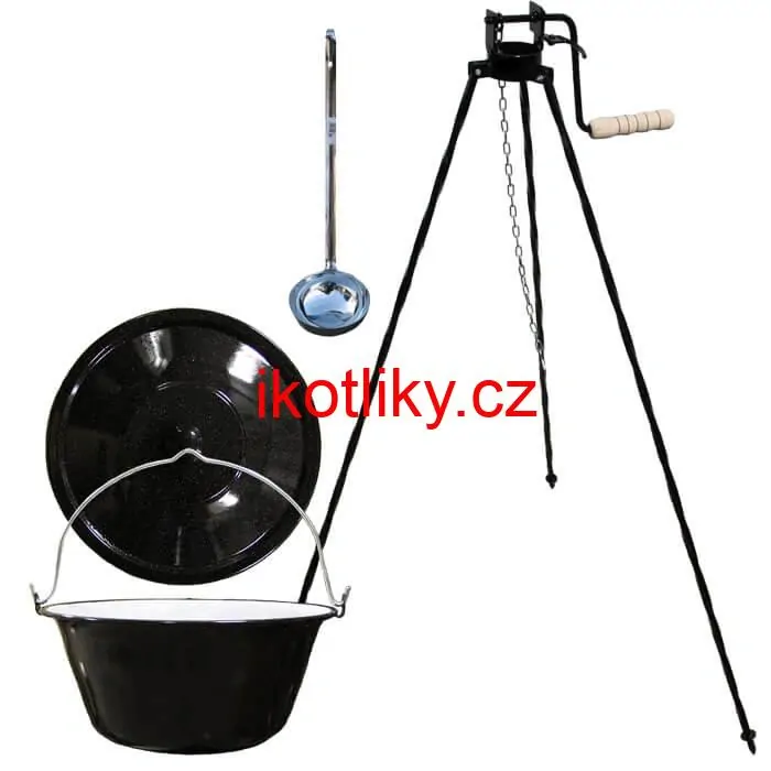 Smaltovaný kotlík 10 L + poklice + stojan s kladkou VAR