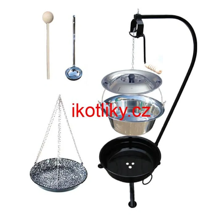 Nerezový kotlík 10 L (1,2 mm) INOX + smaltovaná pánev + ohniště se stojanem as pojistnou kladkou VAR