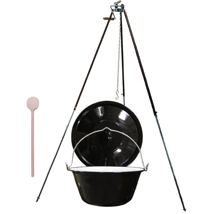 Smaltovaný kotlík 25 L (1,2 mm) + teleskopická trojnožka s pojistnou kladkou + poklice