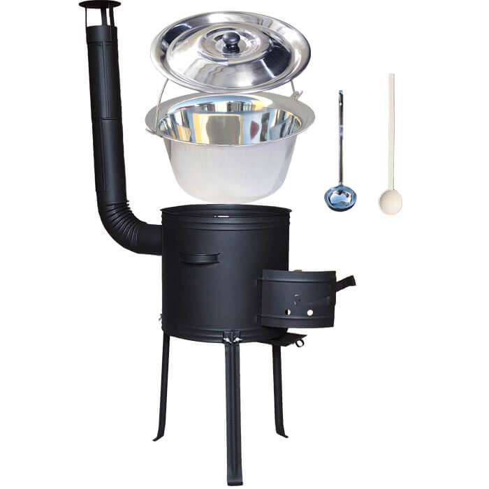 Nerezový kotlík 14 L (0,8 mm) + kovová kotlina s vysokými nožičkami 36 cm, žáruvzdorná barva Plus 700 + vařečka a naběračka