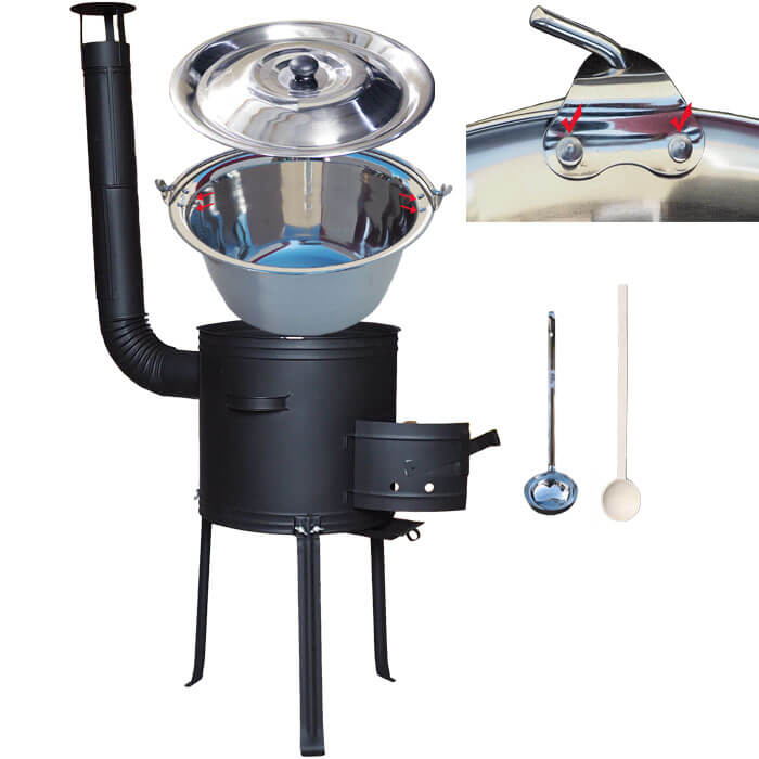 Nerezový kotlík 20 L (0,8 mm) zesílený s nýty + kovová kotlina s vysokými nožičkami 42 cm, žáruvzdorná barva Plus 700 + vařečka a naběračka