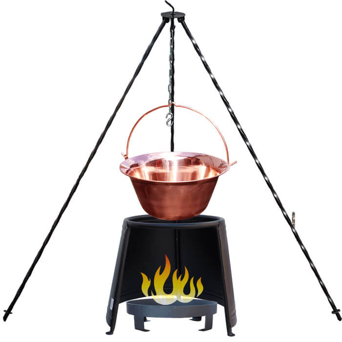 Měděný kotlík 10 L (1,2 mm) + chránič plamene 37 cm + ohniště 36 cm + trojnožka 1,2 m