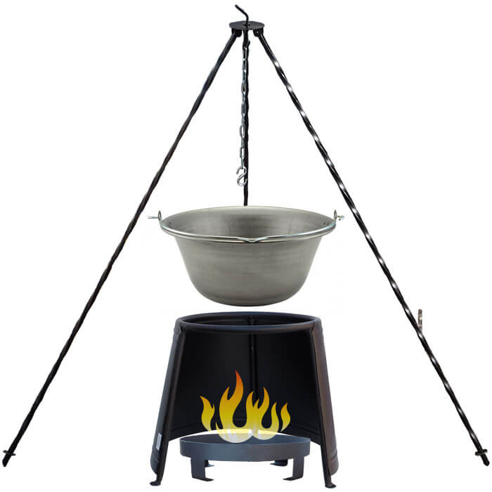 Železný kotlík 10 L (0,75 mm) + chránič plamene 37 cm + ohniště 36 cm + trojnožka 1,2 m