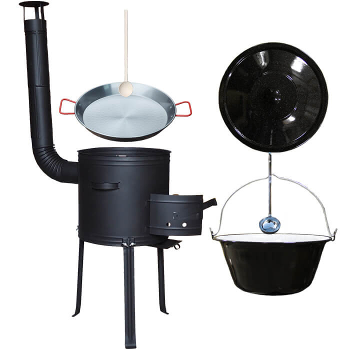 Smaltovaný kotlík 20 L + Paella pánev 46 cm + kovová kotlina s vysokými nožičkami 42 cm, žáruvzdorná barva Plus 700