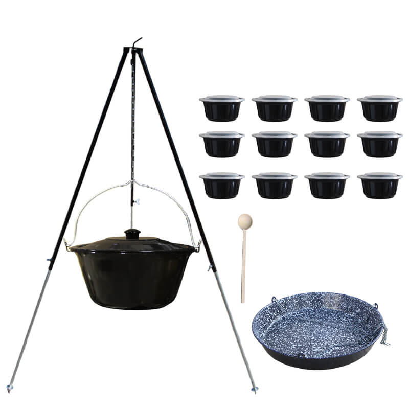 Smaltovaný kotlík 30 L + pánev na grilování + teleskopická trojnožka + misky 12 ks