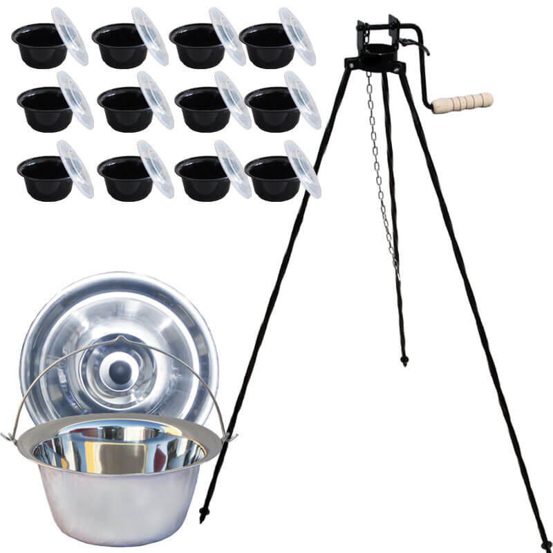 Nerezový kotlík 20 L (0,8 mm) INOX + stojan s kladkou VAR + misky 12 ks