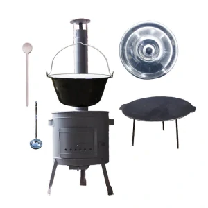 Smaltovaný kotlík 25 L + litinová pánev 45 cm + nízká žáruvzdorná kotlina 42 cm PLUS 600