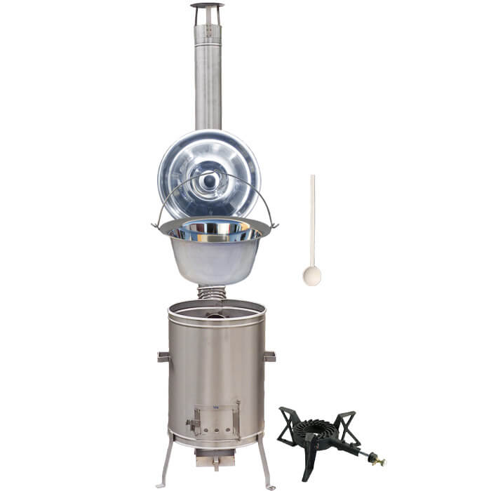 Nerezový kotlík 10 L (1,2 mm) + nerezová kotlina 36 cm + litinový hořák 7 kW, vařečka LUX