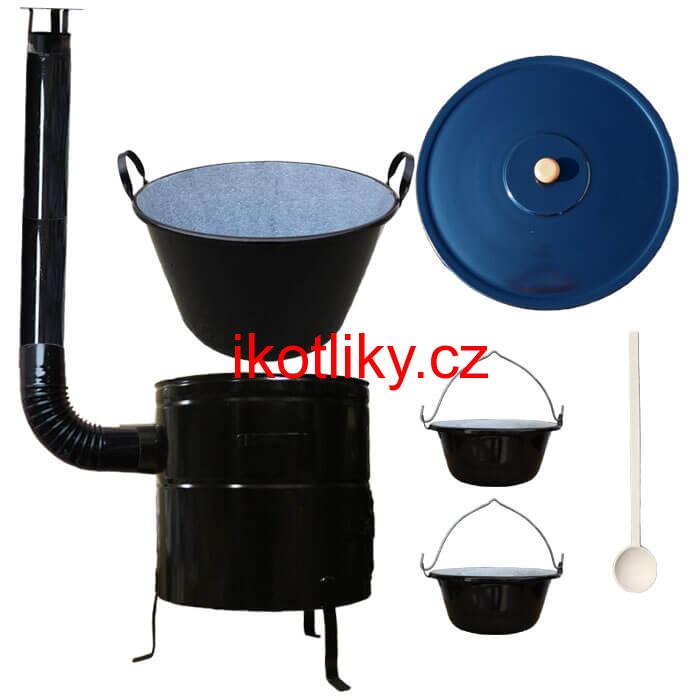 Zabijačkový smaltovaný kotel 80 L + kovová kotlina 58 cm + 2 servírovací kotlíky a kouřovod