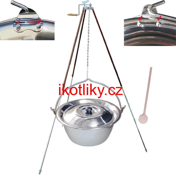 Nerezový kotlík 15 L (0,8 mm) s nýty + teleskopická trojnožka s pojistnou kladkou + poklice