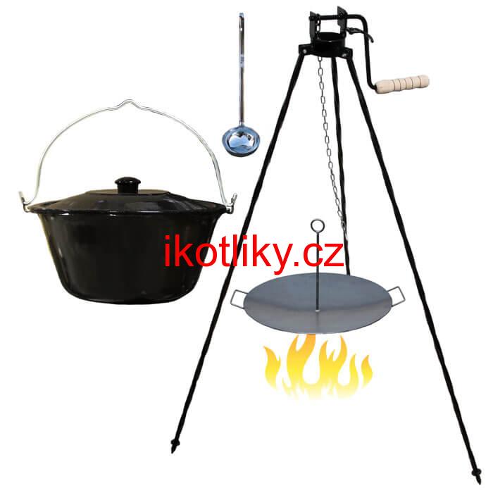 Smaltovaný kotlík 16 L (1,2 mm) + pánev na grilování a stojan s kladkou VAR
