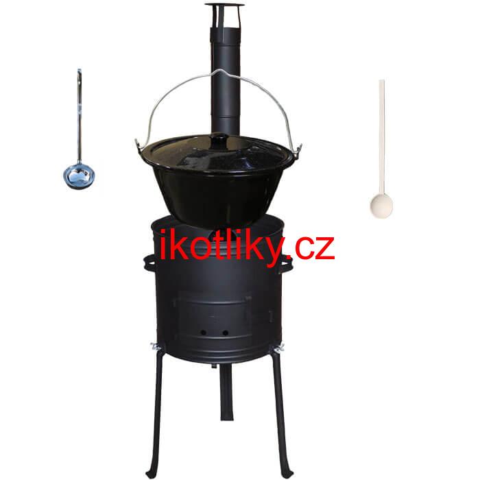 Smaltovaný kotlík 25 L + kovová kotlina s vysokými nožičkami 42 cm , žáruvzdorná barva Plus 700 + vařečka a naběračka