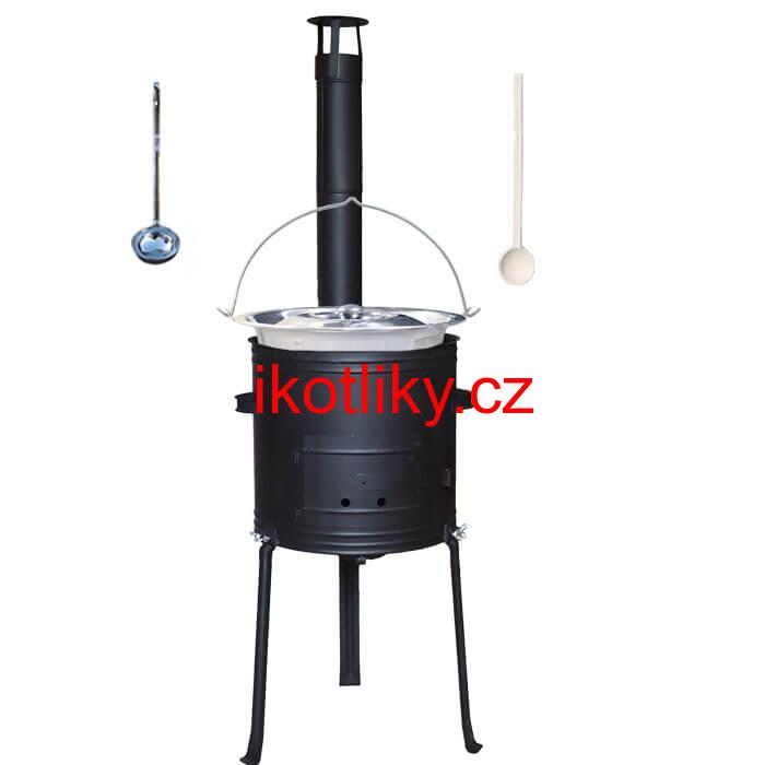 Nerezový kotlík 20 L (1,2 mm) + kovová kotlina s vysokými nožičkami 42 cm, žáruvzdorná barva Plus 700 + vařečka a naběračka