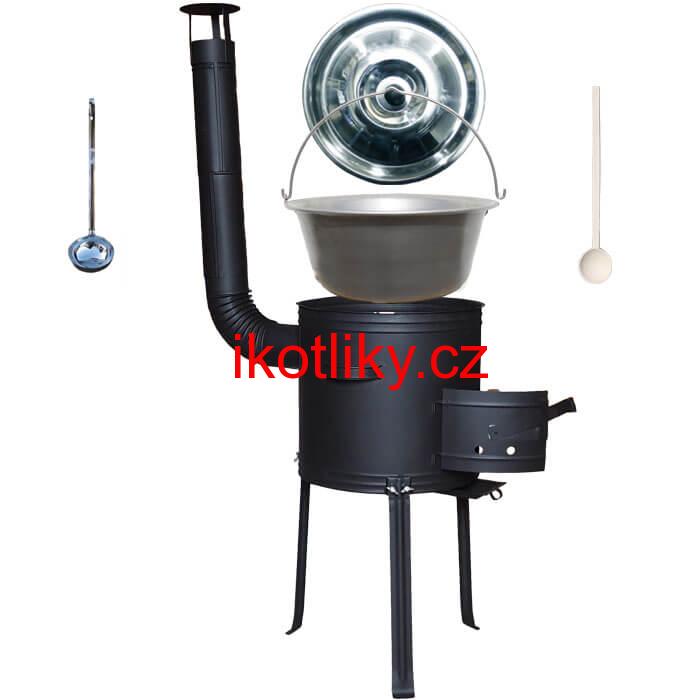 Nerezový kotlík 15 L (1,5 mm) + kovová kotlina s vysokými nožičkami 36 cm, žáruvzdorná barva Plus 700 + vařečka a naběračka