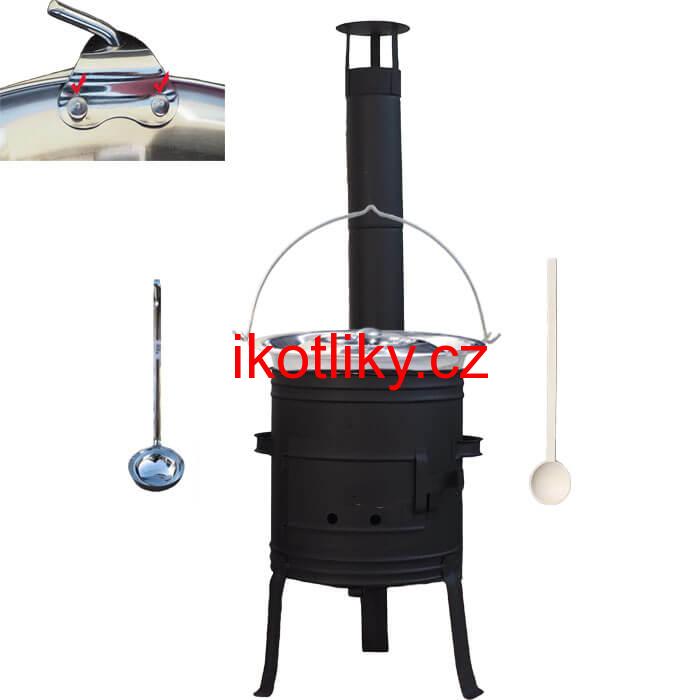 Nerezový kotlík 10 L (0,8 mm) s nýty + nízká žáruvzdorná kotlina 33 cm PLUS 700 + vařečka a naběračka