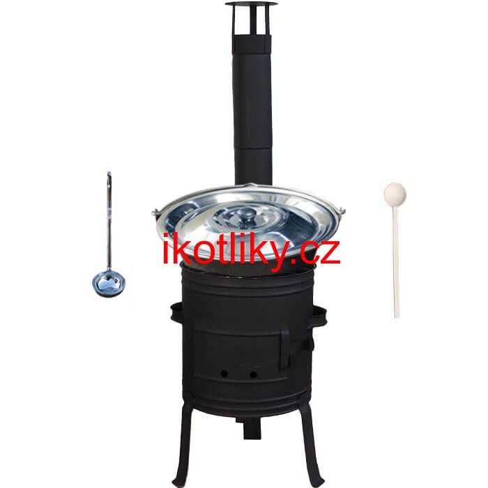 Nerezový kotlík 10 L (1,5 mm) + nízká žáruvzdorná kotlina 33 cm PLUS 700 + vařečka a naběračka