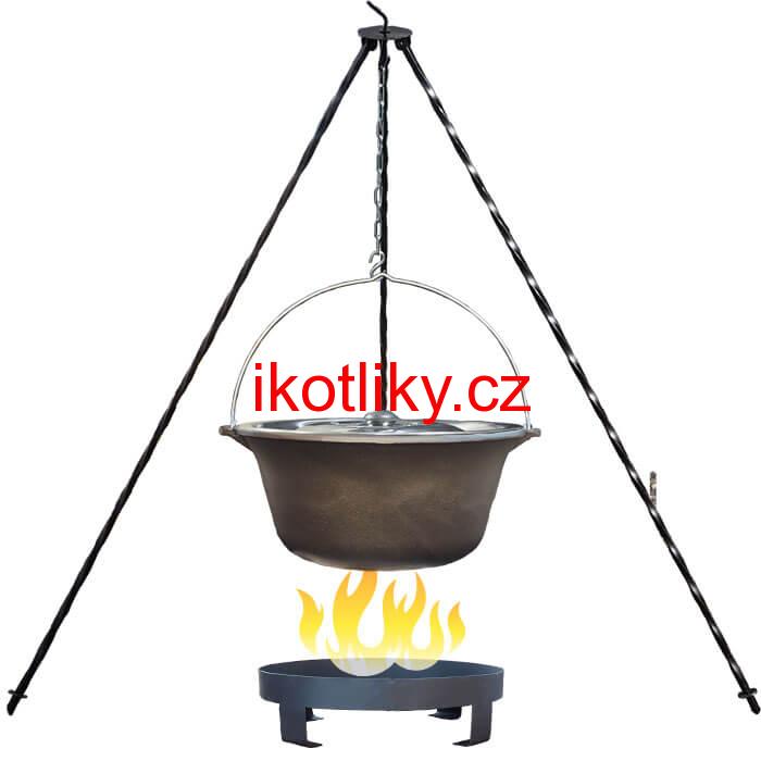 Litinový kotlík 10,8 L + nerezová poklice  + trojnožka 1,2 m + ohniště 36 cm