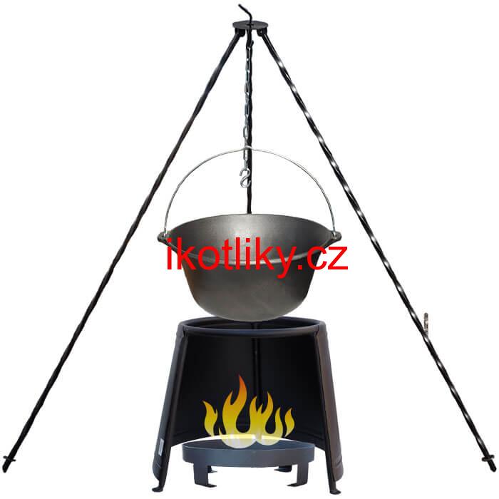 Litinový kotlík 7,2 L + chránič plamene 32 cm + ohniště 36 cm + trojnožka 1,2 m