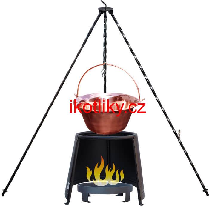 Měděný kotlík 20 L (1,2 mm) + chránič plamene 43 cm + ohniště 36 cm + trojnožka 1,2 m