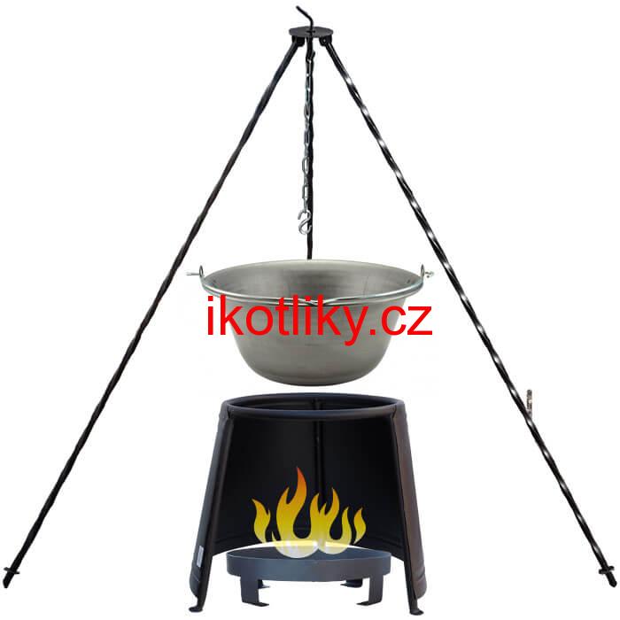 Železný kotlík 14 L (0,75 mm) + chránič plamene 37 cm + ohniště 36 cm + trojnožka 1,2 m