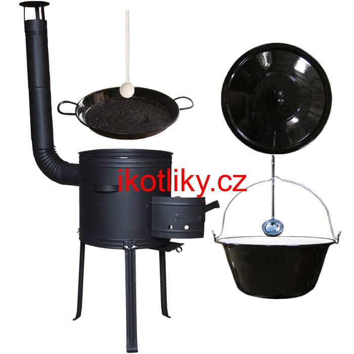 Smaltovaný kotlík 20 L + Paella pánev 46 cm + kovová kotlina s vysokými nožičkami 42 cm, žáruvzdorná barva Plus 700