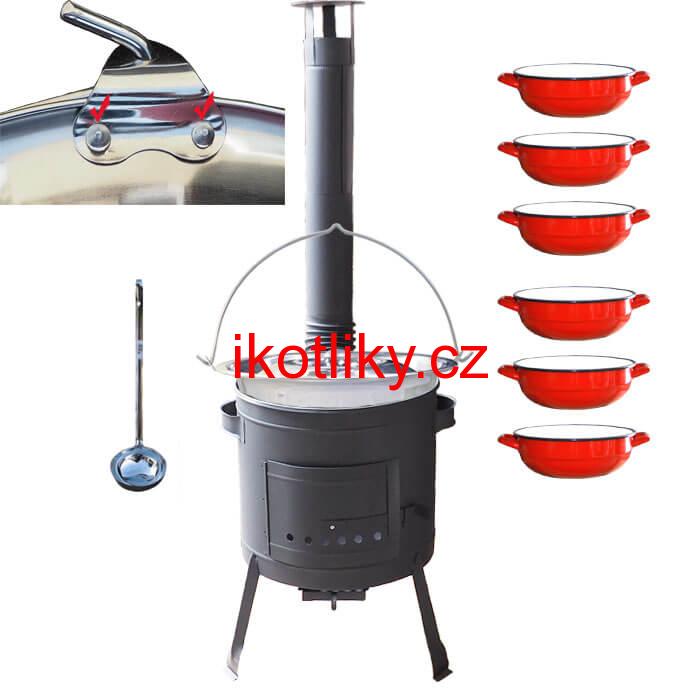 Nerezový kotlík 15 L (0,8 mm) s nýty INOX + selské misky 6 ks + nízká žáruvzdorná kotlina 36 cm PLUS 600