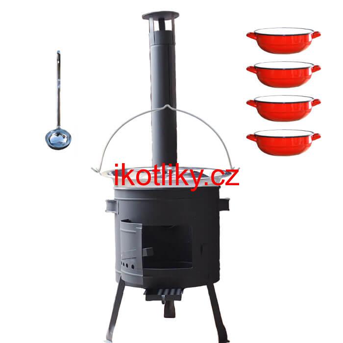 Nerezový kotlík 22 L (0,8 mm) INOX + selské misky 4 ks + nízká žáruvzdorná kotlina 42 cm PLUS 600