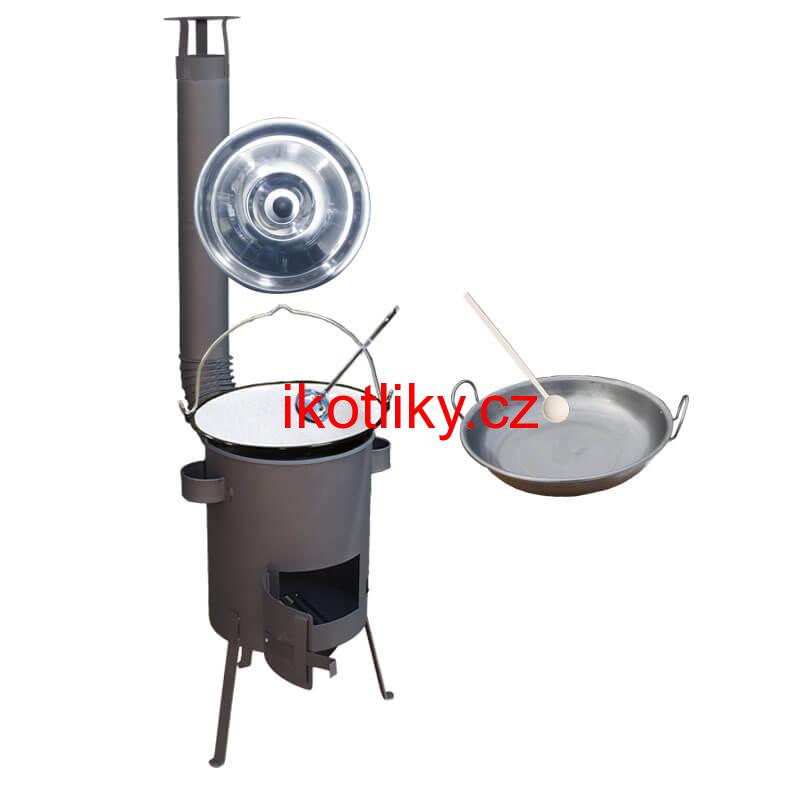 Smaltovaný kotlík 25 L (1,2 mm) + železná pánev 46 cm WOK + žáruvzdorná kotlina 36 PLUS 600 4 MM