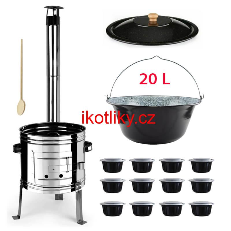 Smaltovaný kotlík 20 L + nerezová kotlina 42 INOX + vařečka + misky 12 ks