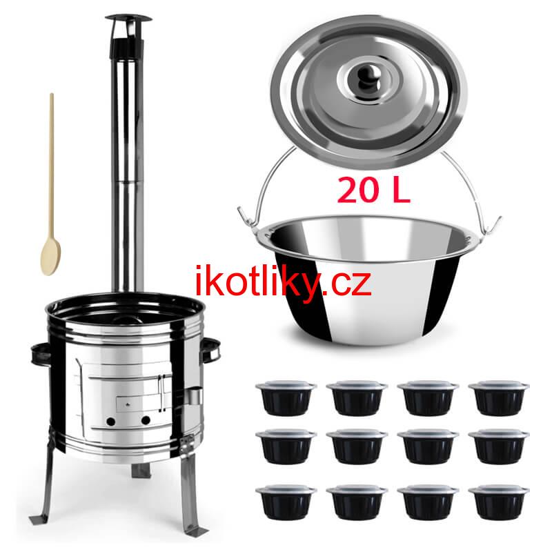 Nerezový kotlík 20 L (1,2 mm) + nerezová kotlina 42 INOX + vařečka + misky 12 ks