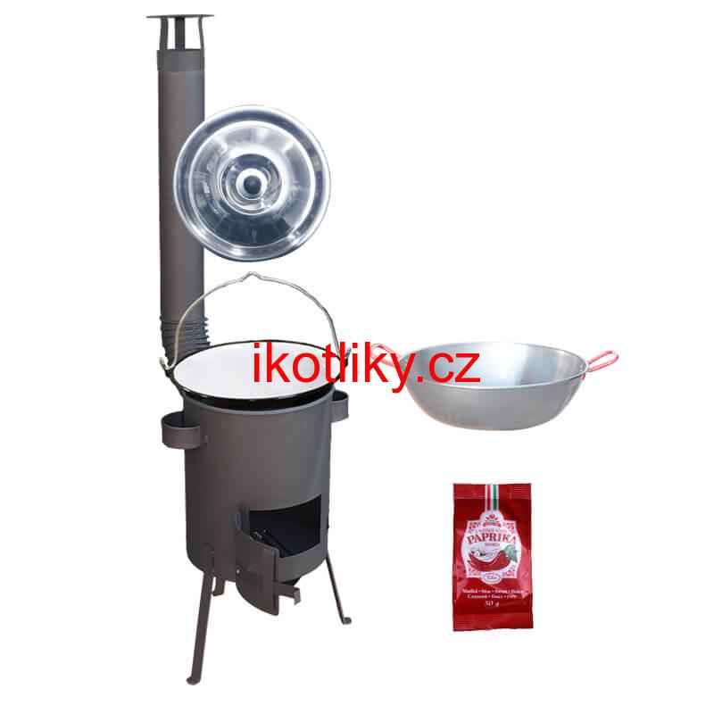 Smaltovaný kotlík 22 L + Pánev PAELLA (WOK) 45 cm + sladká paprika 50 g + žáruvzdorná kotlina 42 PLUS 600 s roštem na popel 4 mm