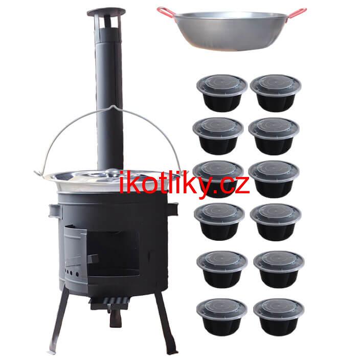 Nerezový kotlík 22 L (0,8 mm) INOX + Pánev PAELLA (WOK) 45 cm + misky 12 ks + nízká kotlina 42 PLUS 600