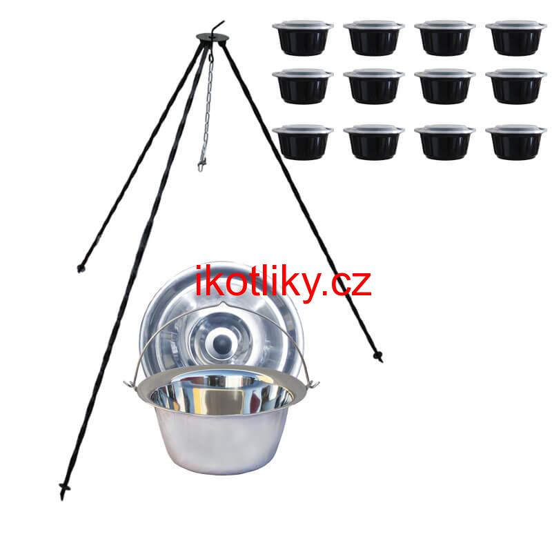Nerezový kotlík 10 L (0,8 mm) INOX + poklice + trojnožka 1,20 m + misky 12 ks