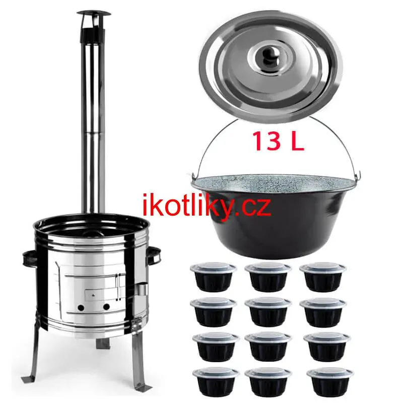 Smaltovaný kotlík 13 L + nerezová kotlina 36 INOX + misky 12 ks