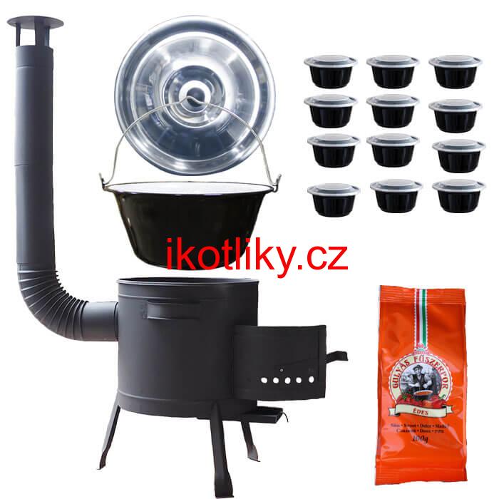 Smaltovaný kotlík 25 L (1,2 mm) + poklice + misky 12 ks + nízká žáruvzdorná kotlina (0,8 mm) 42 PLUS 600