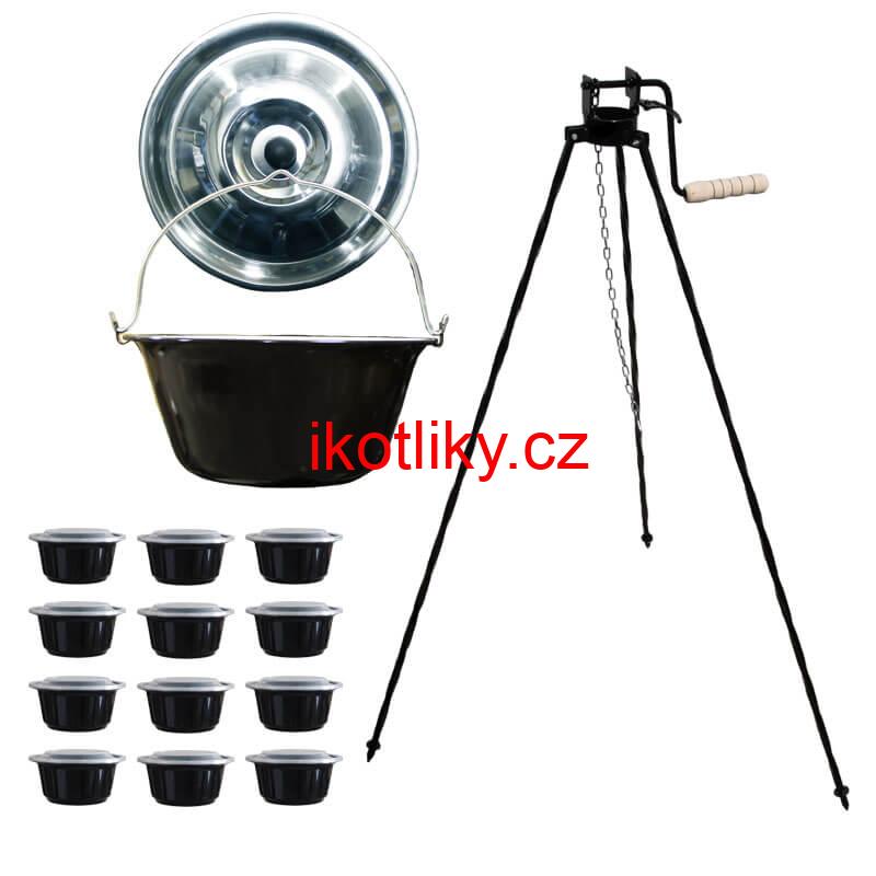 Smaltovaný kotlík 20 L + stojan s kladkou VAR + misky 12 ks