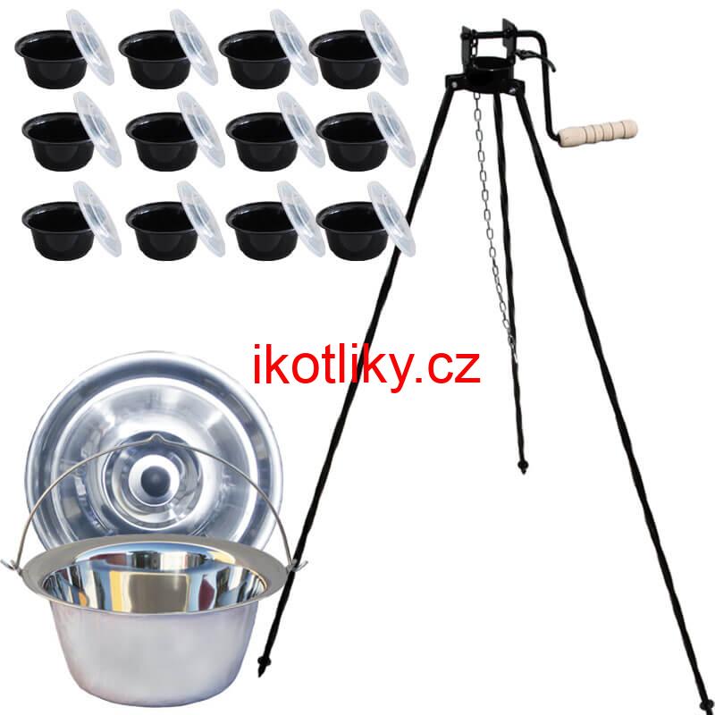 Nerezový kotlík 14 L (0,8 mm) INOX + stojan s kladkou VAR + misky 12 ks
