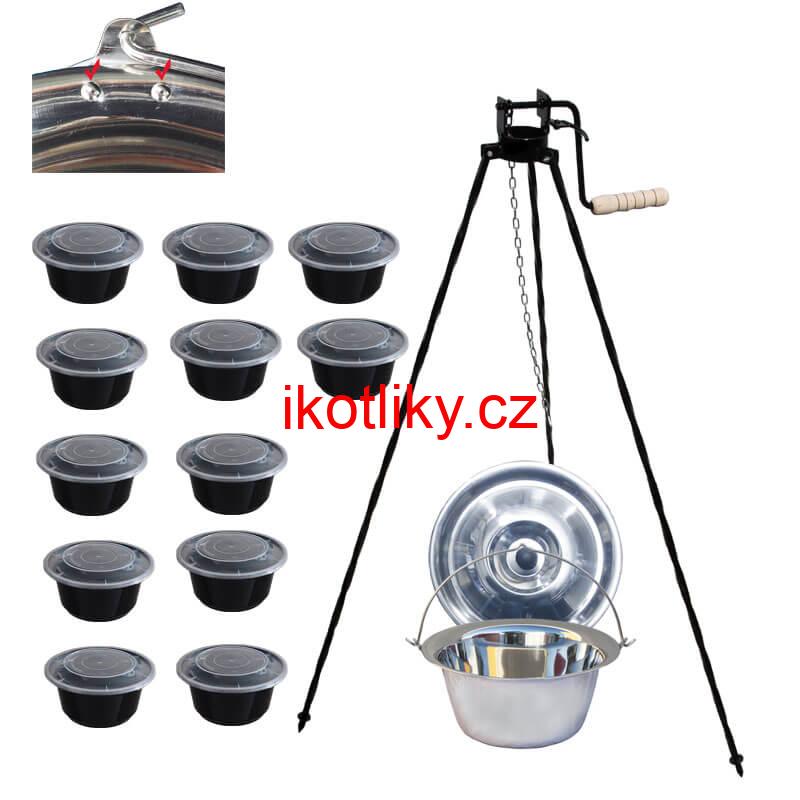 Nerezový kotlík 15 L (0,8 mm) s nýty + stojan s kladkou VAR + misky 12 ks