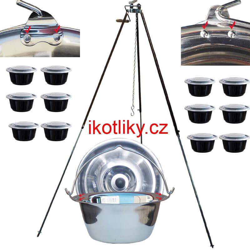 Nerezový kotlík 30 L (0,8 mm) s nýty + teleskopická trojnožka s pojistnou kladkou + misky 12 ks