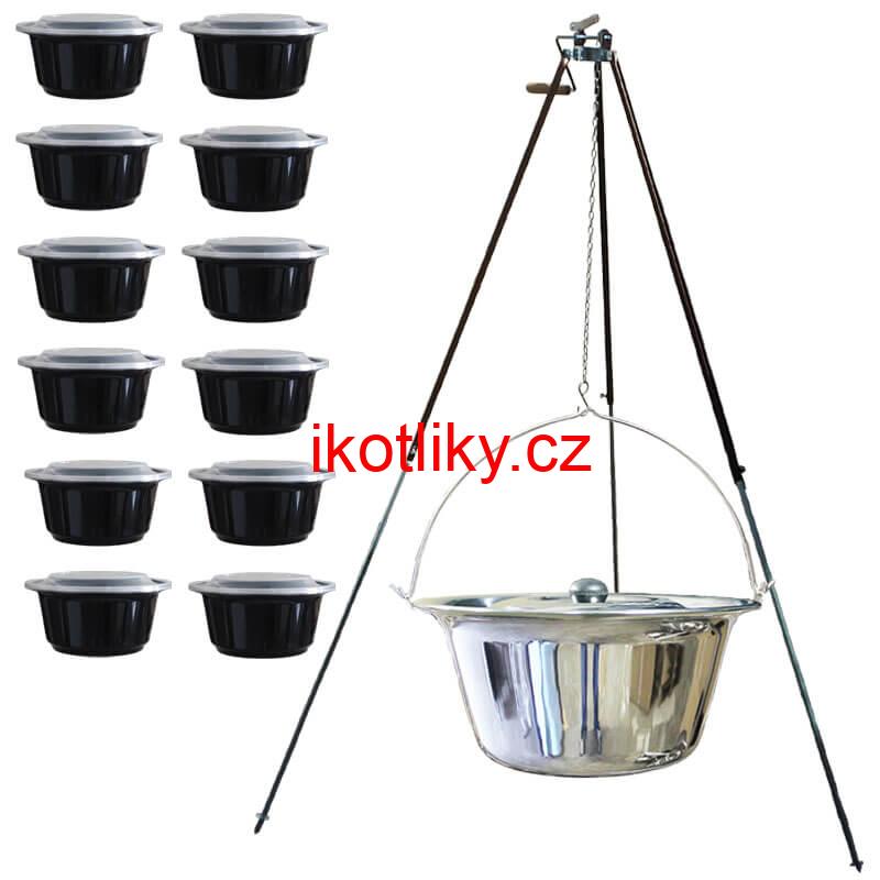 Nerezový kotlík 30 L (1,2 mm) + teleskopická trojnožka s pojistnou kladkou + misky 12 ks