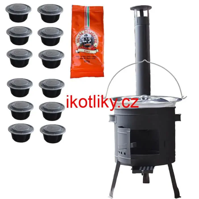 Nerezový kotlík 22 L (0,8 mm) INOX + silnostěnná (1,5 mm) žáruvzdorná kotlina BALKY STRONG 42 PLUS 600 + misky 12 ks + paprikové koření na guláš 100 g