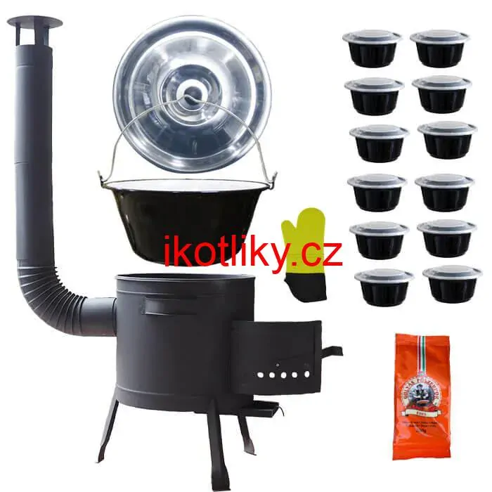 Smaltovaný kotlík 22 L (1,2 mm) + misky 12 ks + nízká žáruvzdorná kotlina (1,5 mm) 42 PLUS 600