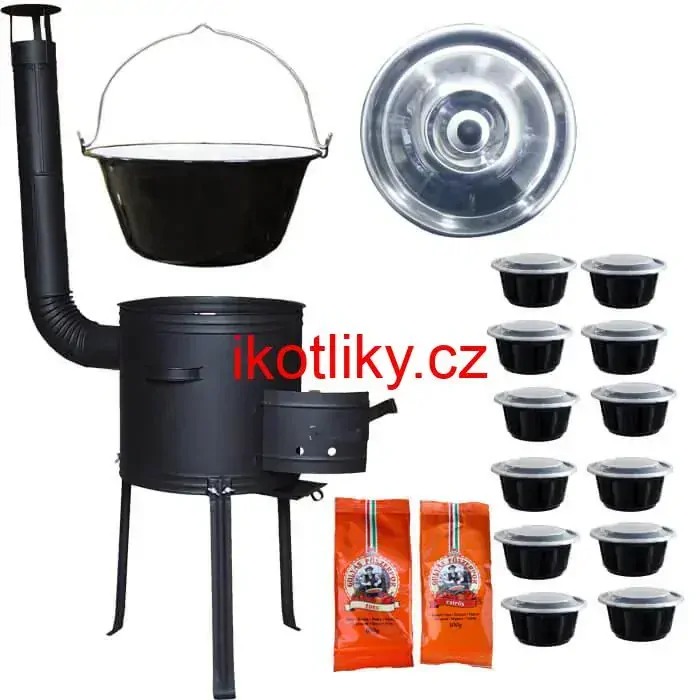 Smaltovaný kotlík 22 L (1,2 mm) + žáruvzdorná kotlina 42 cm Plus 700 + misky 12 ks + 2 x pepř na guláš 100 g
